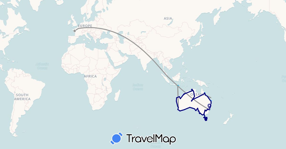 TravelMap itinerary: driving, bus, plane, hiking, boat in Australia, France, Indonesia, Singapore (Asia, Europe, Oceania)